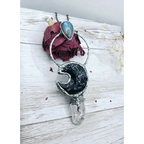 Labadorite and Obsidian Crystal Moon and kunzite crystal statement necklace - Picture 2 of 12